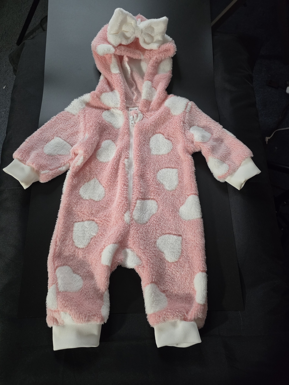 Baby Pink Heart Plush One-Piece Hooded Romper